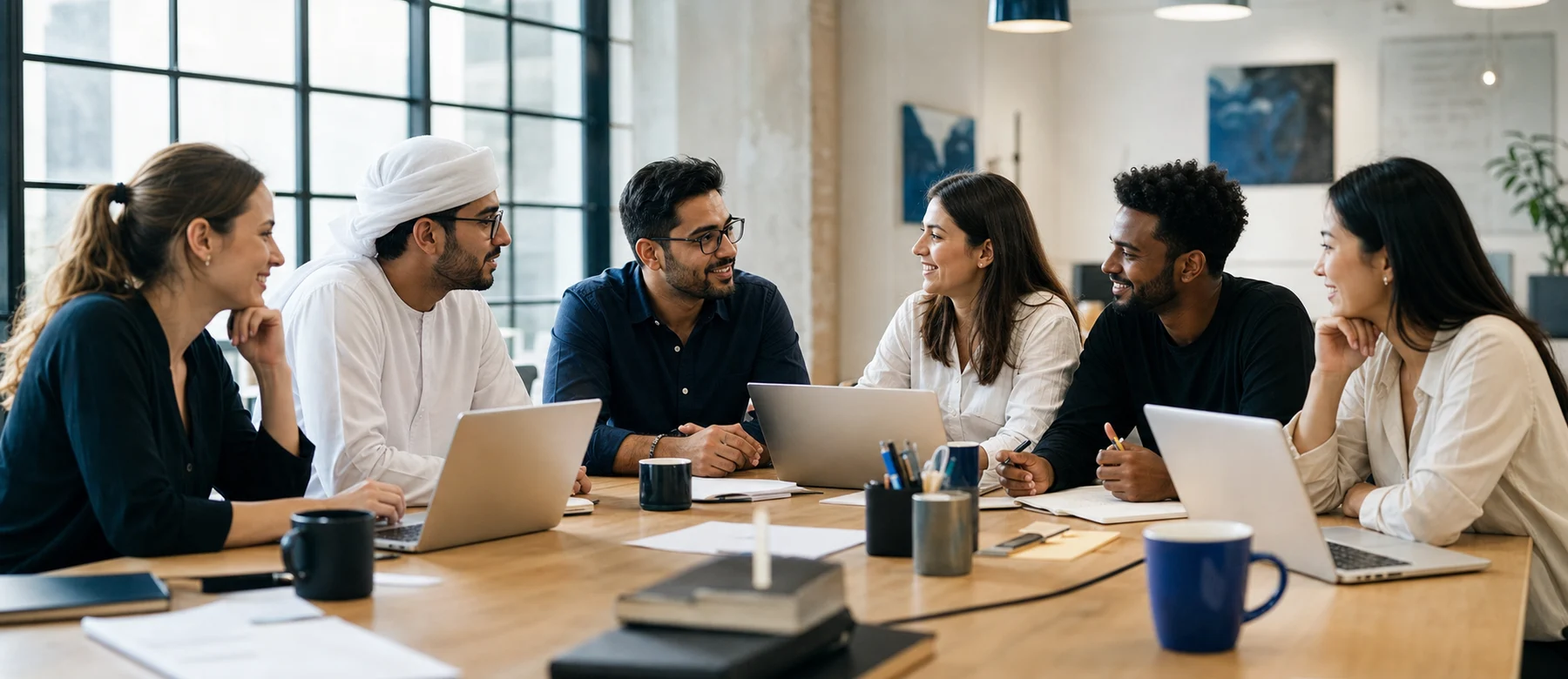 A digital team collaborating around a studio table